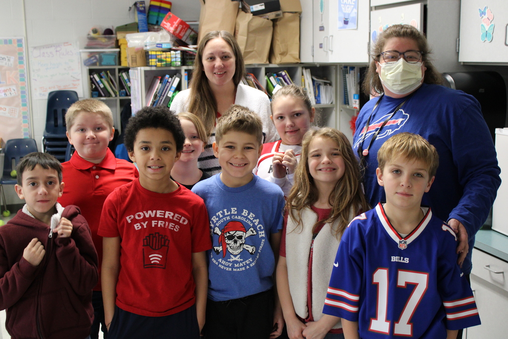 Afton students and teachers with Bills gear, red, white, and blue.
