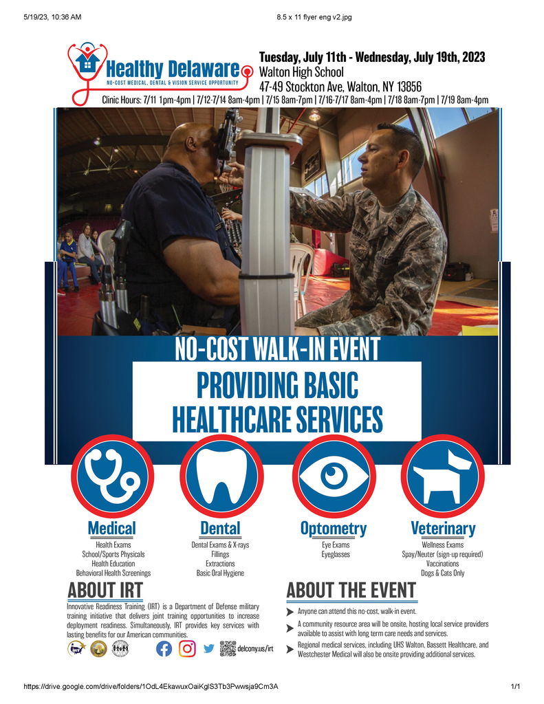 Healthy Delaware Poster: No cost walk-in event. Providing Basic Healthcare Services: Tuesday, July 11th -- Wednesday, July 19th, 2023. The clinic hours are 1-4 p.m. on 7/11, 8-4 from 7/12 to 7/14, 7/15 is 8-7 p.m., 7.16-7/17 is from 8-4, 7/18 is from 8 am to 7 p.m. and 7/19 is from 8 am to 4 pm. Medical Health Examples sports physicals, health education and behavioral health screenings are offered. Dental exams and xx-rays, fillings, extractions, and basic oral hygiene are offered. Optometry for eye exams and eyeglasses are offered. Veterinary services for dogs and cats are availible including  Wellness exams, spay neuter vaccinations are avalible. 