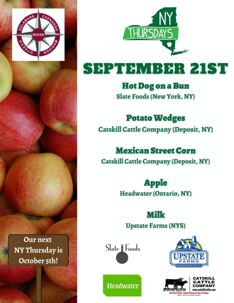 New York Thursday - 9/21 Hot do on a bun, potato wedges, mexican street corn, apples, and milk